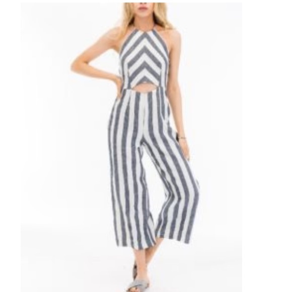 Chambray Cut Out Striped Halter Jumpsuit